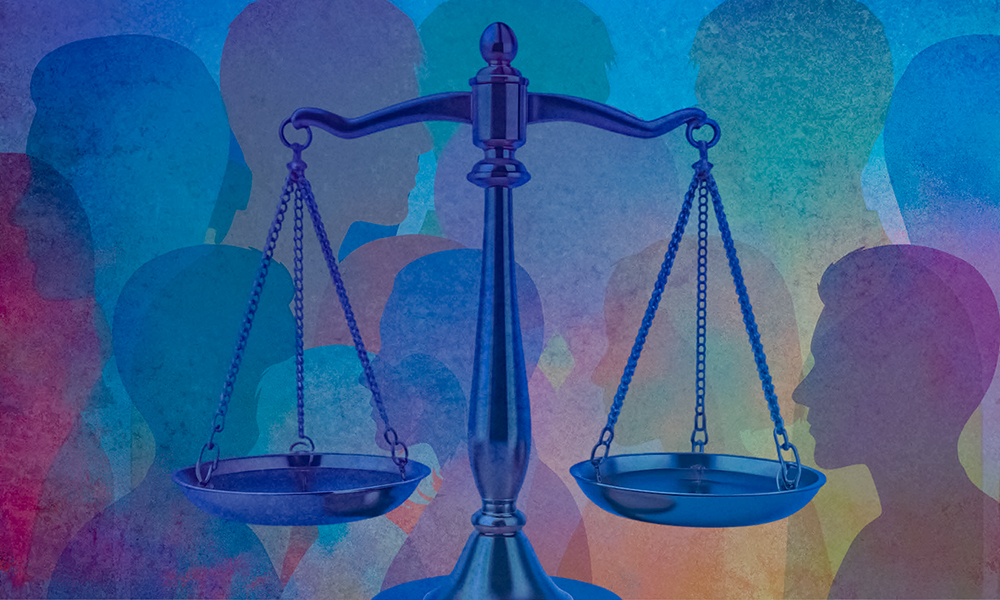Graphic of the scales of justice with multicolor humans in background